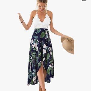 Tropical dress with white lace top